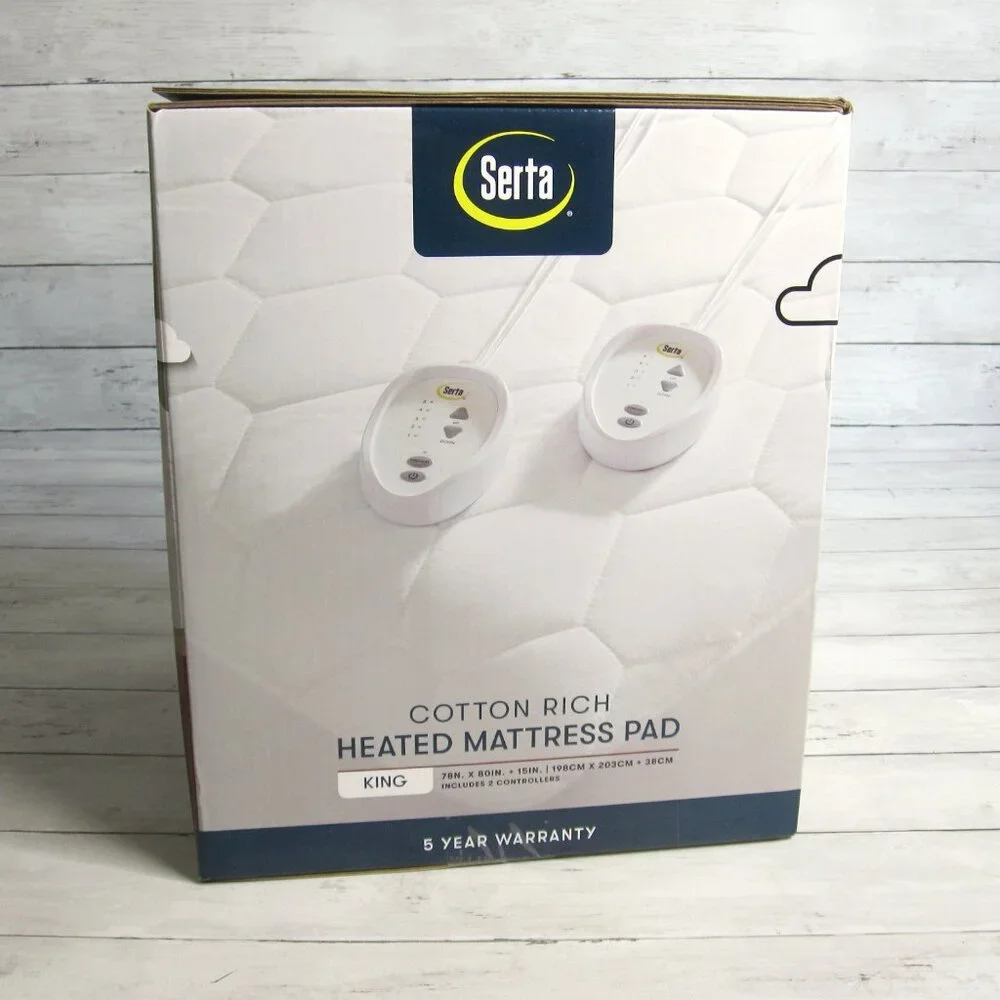 Serta Heated King Size White Quilted Mattress Pad Cotton Blend